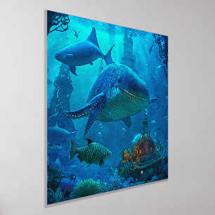 Deep Under the Sea Sea Animals Steampunk Submarine Foil Prints
