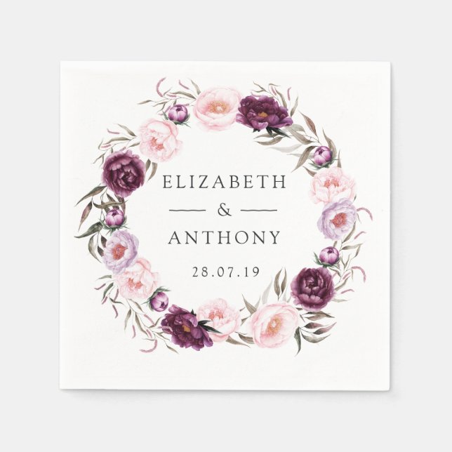 Deep Velvet and Blush Pink Floral Wedding Napkin (Front)