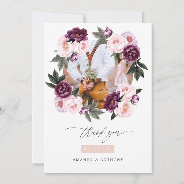 Deep Velvet and Blush Pink Floral Wedding Photo Thank You Card (Front)