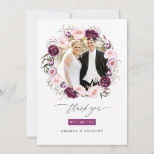 Deep Velvet and Blush Pink Floral Wedding Photo Thank You Card