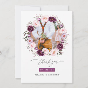 Deep Velvet and Blush Pink Floral Wedding Photo Thank You Card