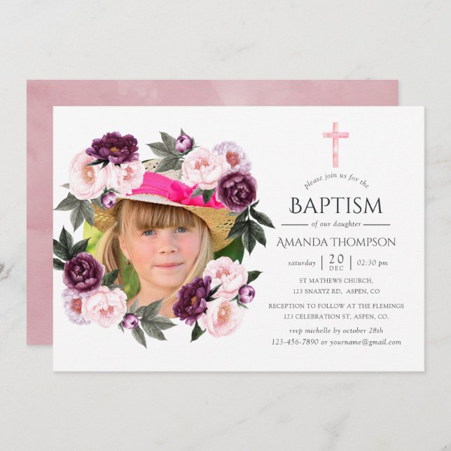 Deep Velvet and Bush Pink Baptism or Christening Invitation (Front/Back)