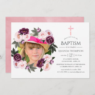 Deep Velvet and Bush Pink Baptism or Christening Invitation