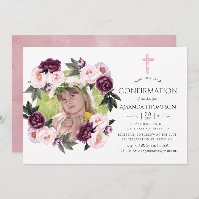 Deep Velvet and Bush Pink Confirmation Invitation (Front/Back)