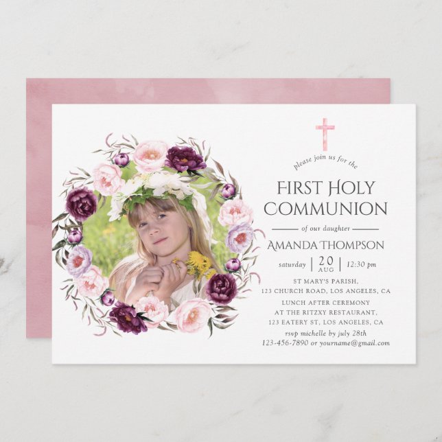 Deep Velvet and Bush Pink Floral First Communion Invitation (Front/Back)
