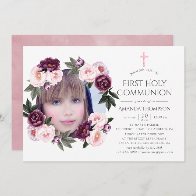 Deep Velvet and Bush Pink Floral First Communion Invitation (Front/Back)