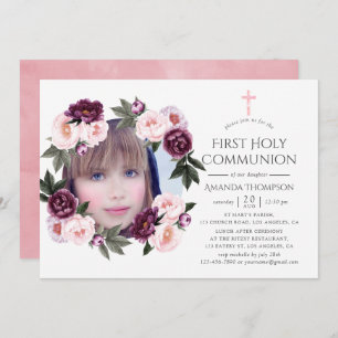Deep Velvet and Bush Pink Floral First Communion Invitation