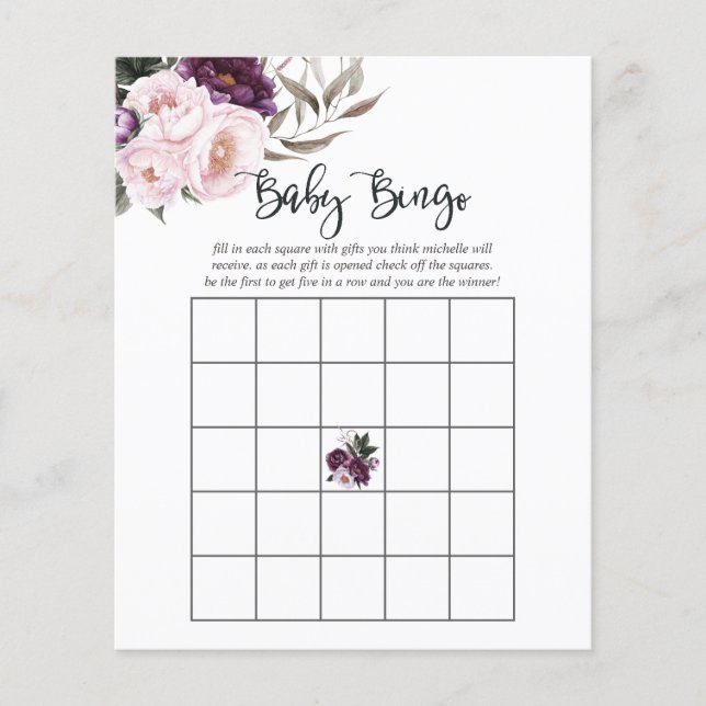 Deep Velvet Floral Baby Shower Bingo (Front)