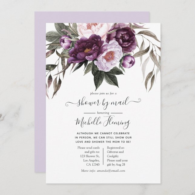 Deep Velvet Floral Baby Shower by Mail Invitation (Front/Back)