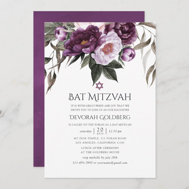 Deep Velvet Floral Bat Mitzvah Invitation (Front/Back)