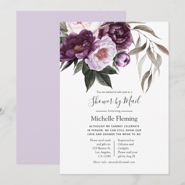 Deep Velvet Floral Bridal or Baby Shower by Mail Invitation (Front/Back)