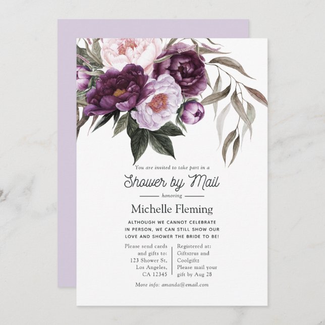 Deep Velvet Floral Bridal Shower by Mail Invitation (Front/Back)