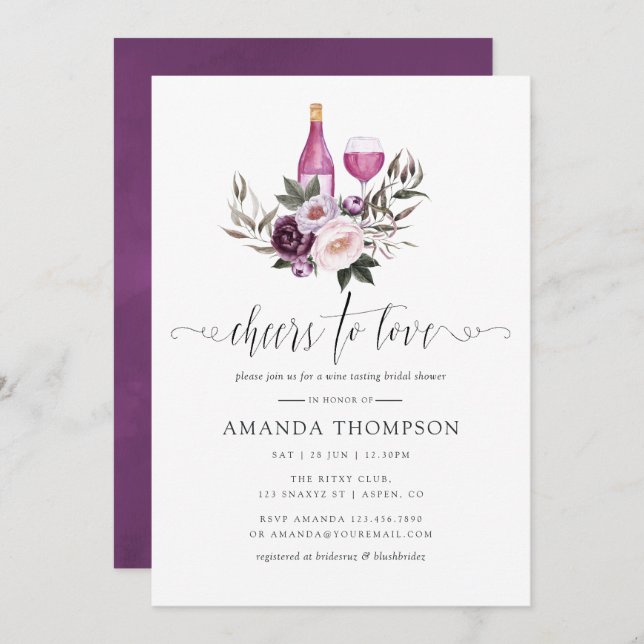 Deep Velvet Floral Bridal Shower Wine Tasting Invitation (Front/Back)