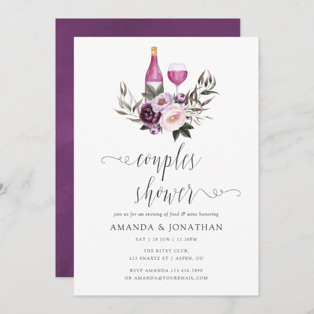 Deep Velvet Floral Couples Shower Wine Tasting Invitation (Front/Back)