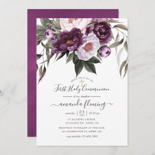 Deep Velvet Floral First Holy Communion Invitation