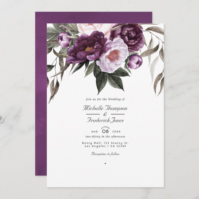 Deep Velvet Floral QR Code RSVP Wedding Invitation (Front/Back)