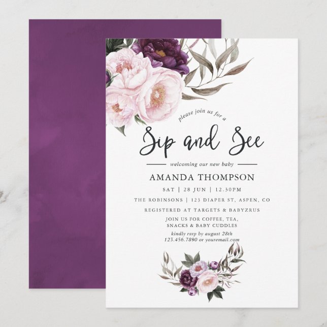 Deep Velvet Floral Sip and See Invitation (Front/Back)