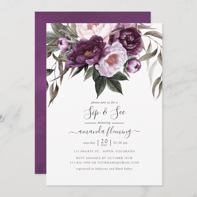 Deep Velvet Floral Sip and See Invitation (Front/Back)