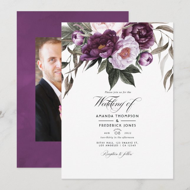 Deep Velvet Floral Wedding Photo Invitation (Front/Back)