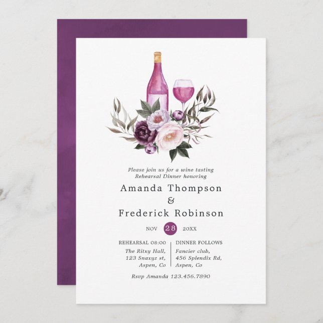 Deep Velvet Floral Wine Tasting Rehearsal Dinner Invitation (Front/Back)