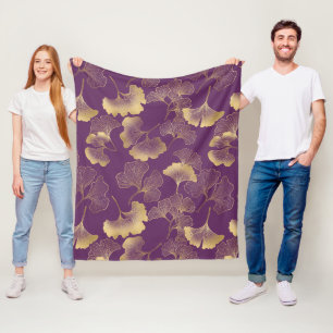 Deep Violet Gold Ginkgo Botanical Fleece Blanket