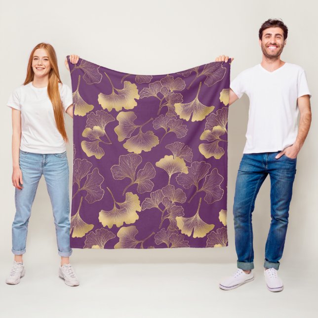 Deep Violet Gold Ginkgo Botanical Fleece Blanket (In Situ)
