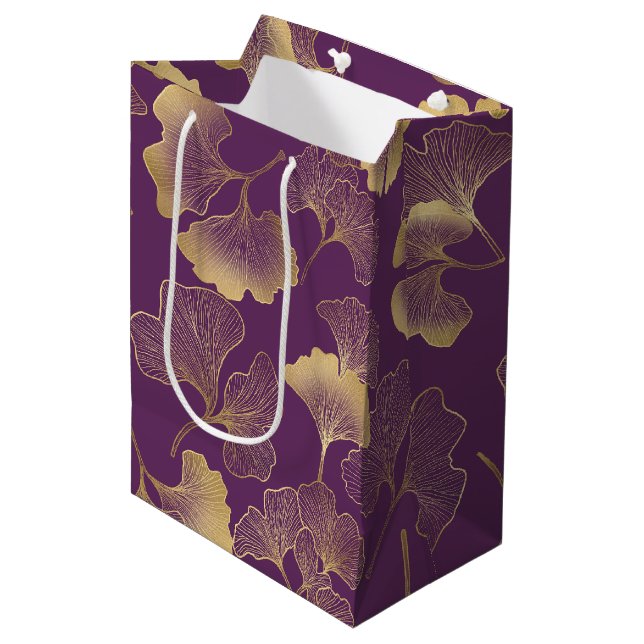 Deep Violet Gold Ginkgo Botanical Medium Gift Bag (Front Angled)