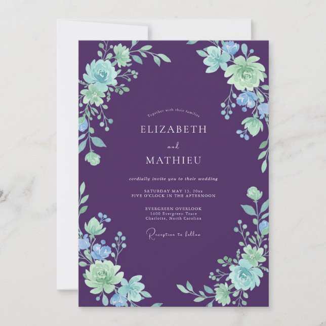 Deep Violet Mint Painted Wedding Invitation (Front)