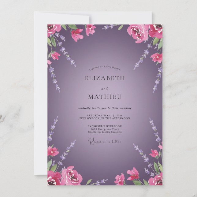 Deep Violet Painted Sprig Wedding Invitation (Front)