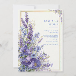 Deep Violet Poppy Romantic Botanical Gold Frame Invitation