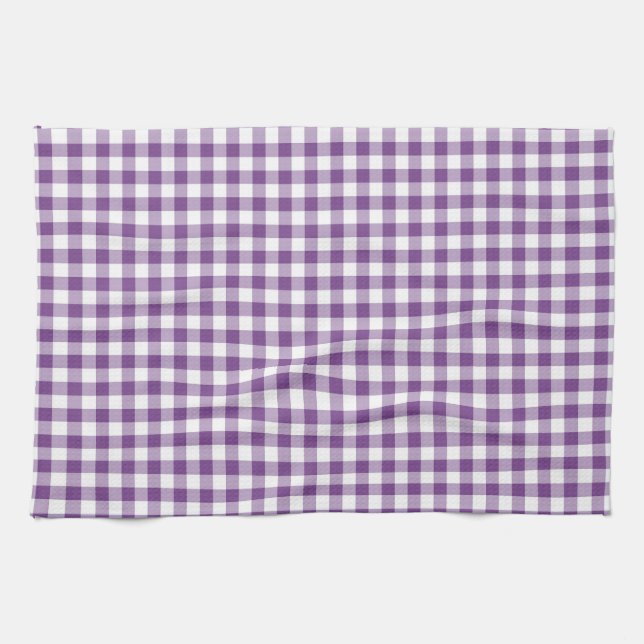 Deep Violet Purple and White Gingham Pattern Tea Towel (Horizontal)