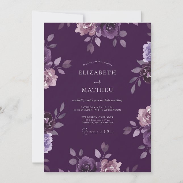 Deep Violet Ranunculus Eucalyptus Wedding Invitation (Front)