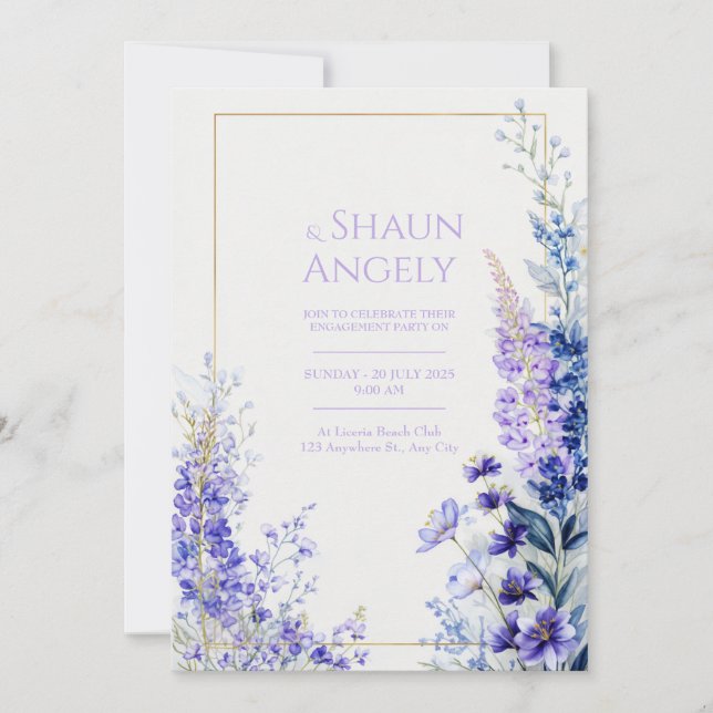 Deep Violet Watercolor Muscari Gold Frame Wedding Invitation (Front)