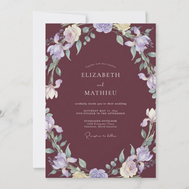 Deep Wine Lilac Wreath Wedding Invitation (Front)