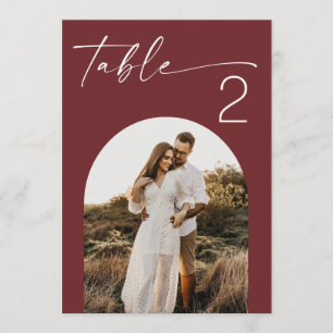 Deep Wine Red Modern Photo Wedding Table Number