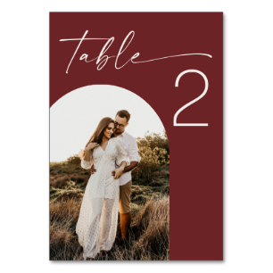 Deep Wine Red Wedding Modern Elegant Arch Photo Table Number