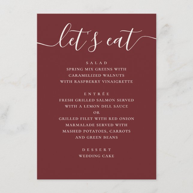 Deep Wine Red Wedding | Modern Romantic Evening Menu (Front)