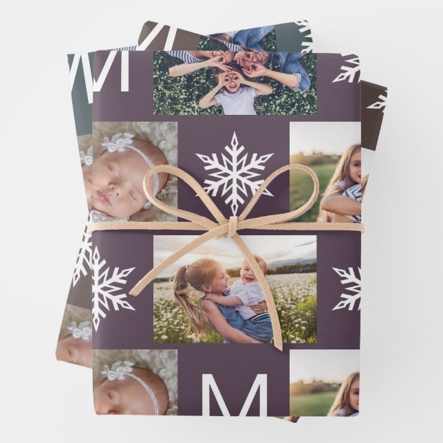 Deep Winter Snowflakes Monogram Photo Collage Wrapping Paper Sheet (In situ)