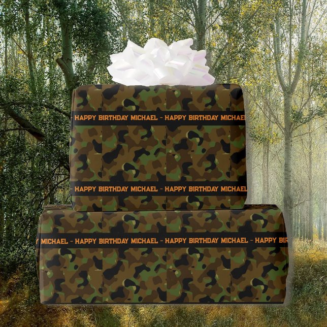 Deep Woods Camo Add Text & Name Birthday Wrapping Paper (Creator Uploaded)