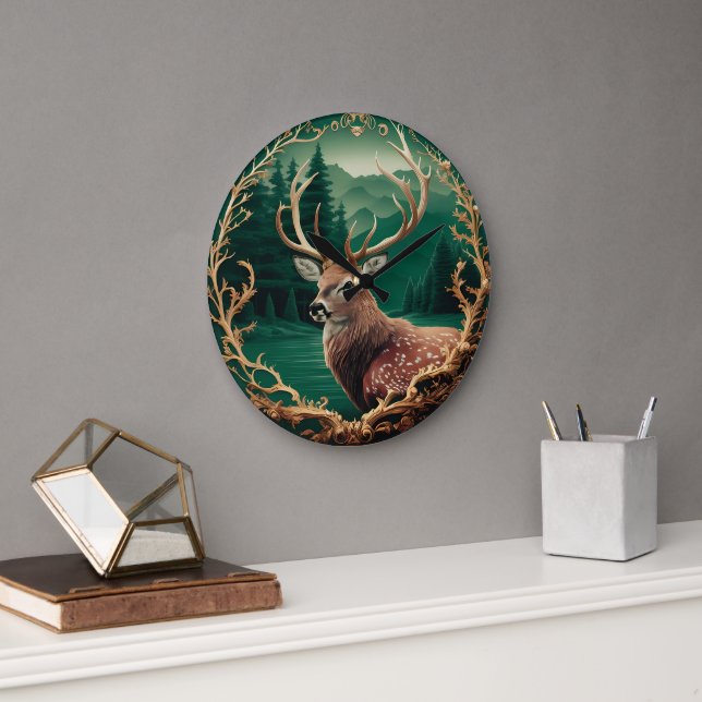 Deer against a mountain forest  large clock (Office)