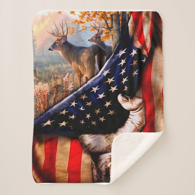 Deer American Flag Blanket, Sherpa Blanket (Front)