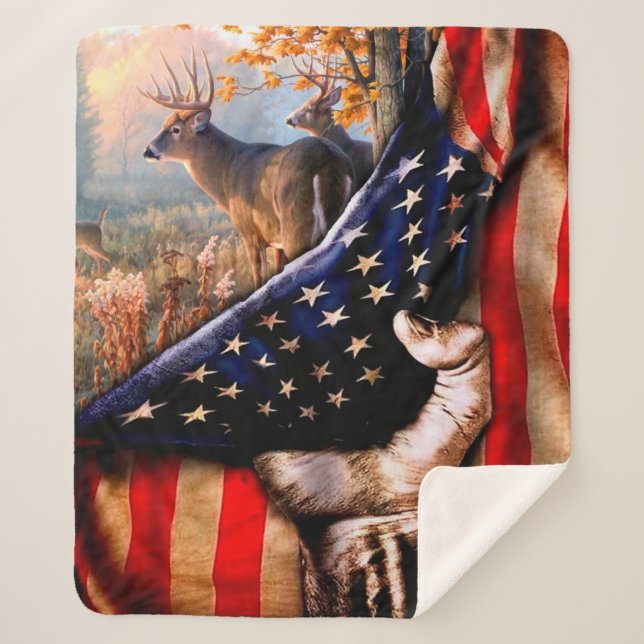 Deer American Flag Blanket, Sherpa Blanket (Front)