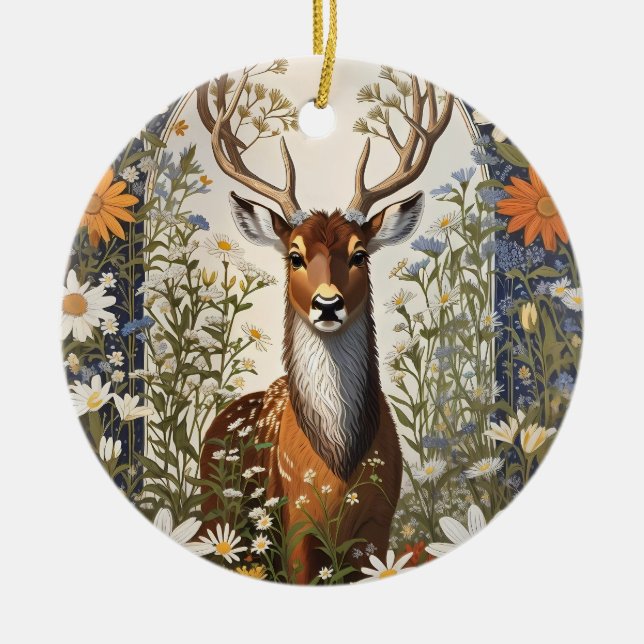 Deer Amid Daisy Flowers  Ceramic Ornament (Front)
