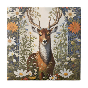 Deer Amid Daisy Flowers  Ceramic Tile