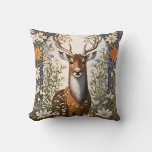 Deer Amid Daisy Flowers Cushion
