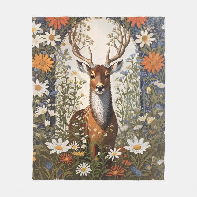 Deer Amid Daisy Flowers  Fleece Blanket (Front)
