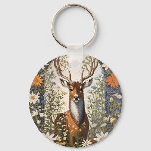 Deer Amid Daisy Flowers Key Ring
