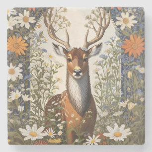 Deer Amid Daisy Flowers Stone Coaster