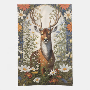 Deer Amid Daisy Flowers Tea Towel