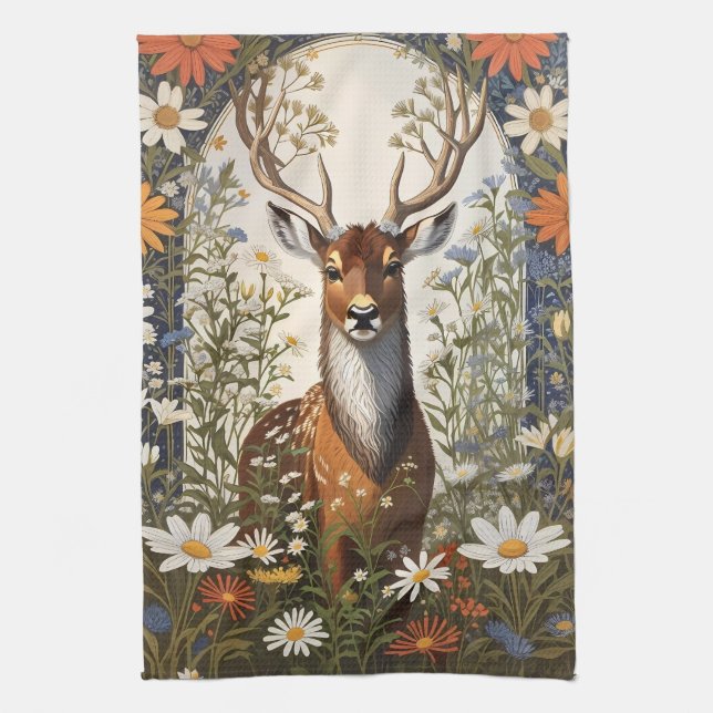 Deer Amid Daisy Flowers  Tea Towel (Vertical)